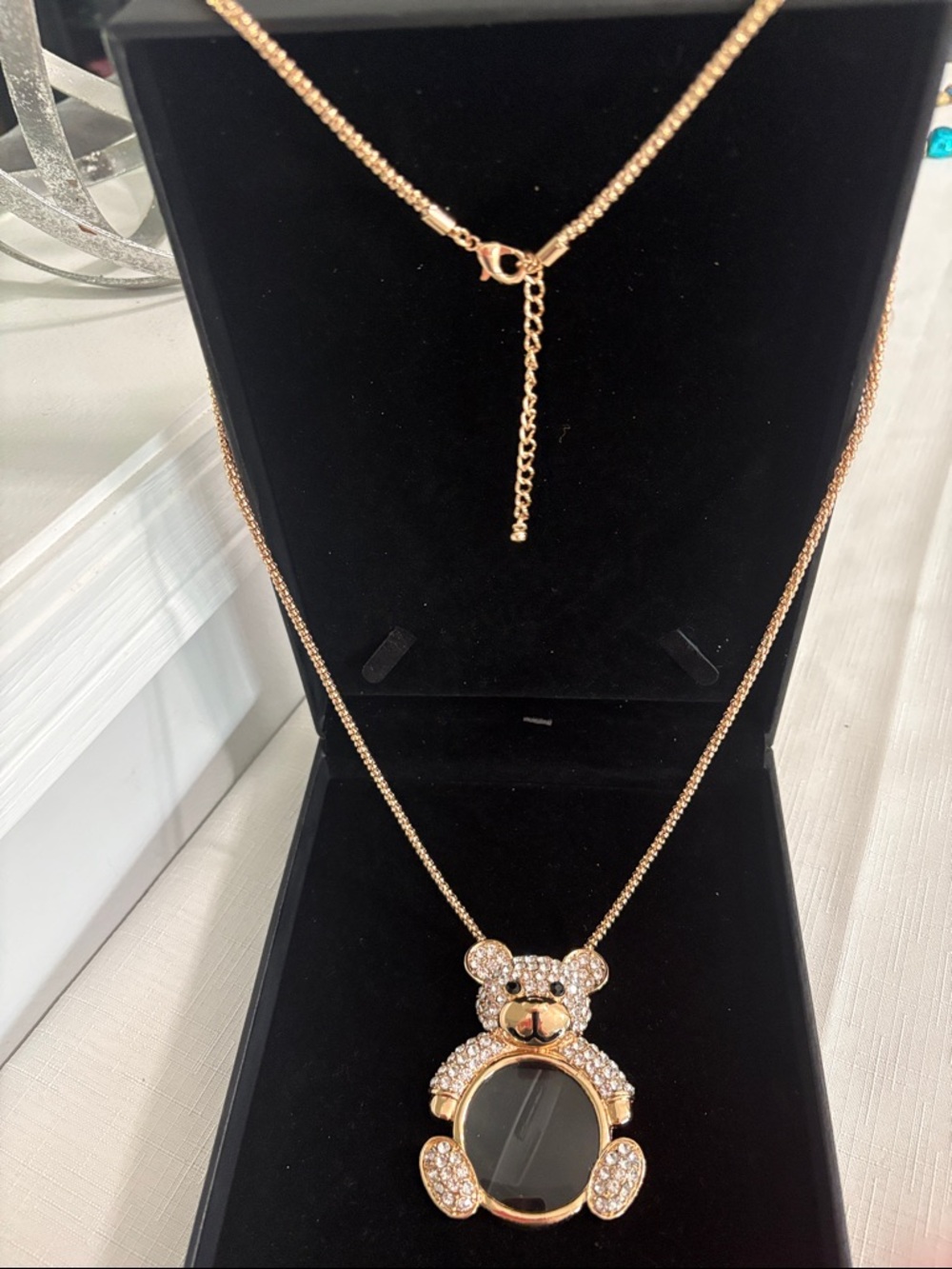 Rose Gold Teddy Bear Pendant Necklace with magnifying glass